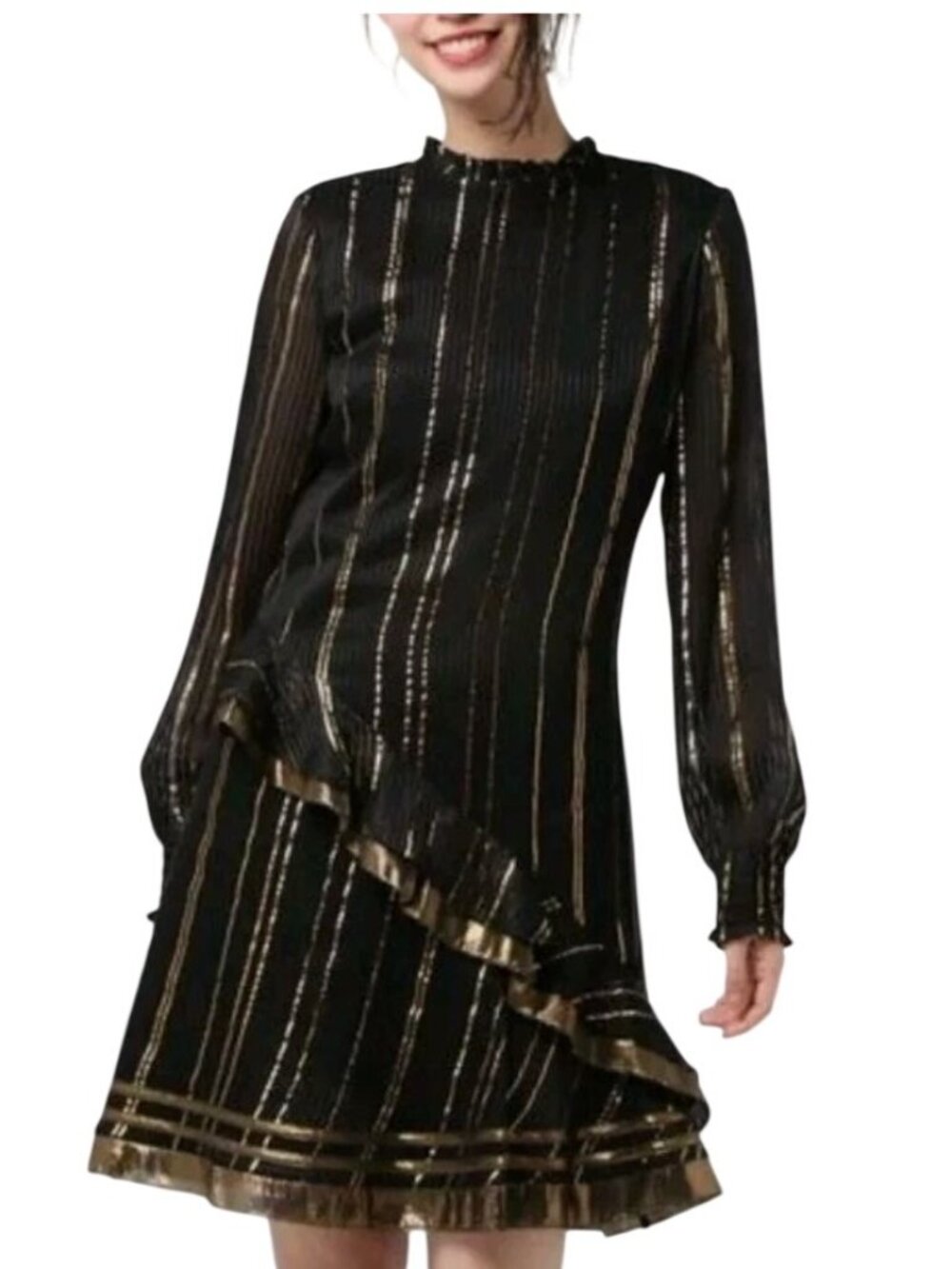 Derek Lam 10 Crosby Ruffle Collar Mini Dress Black Gold - Size 4